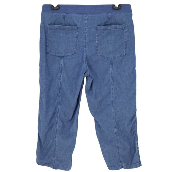 Chicos Pants 2 Womens Large Blue Chambray Pull On Elastic Waist Roll Tab Cuffs - Picture 2 of 14